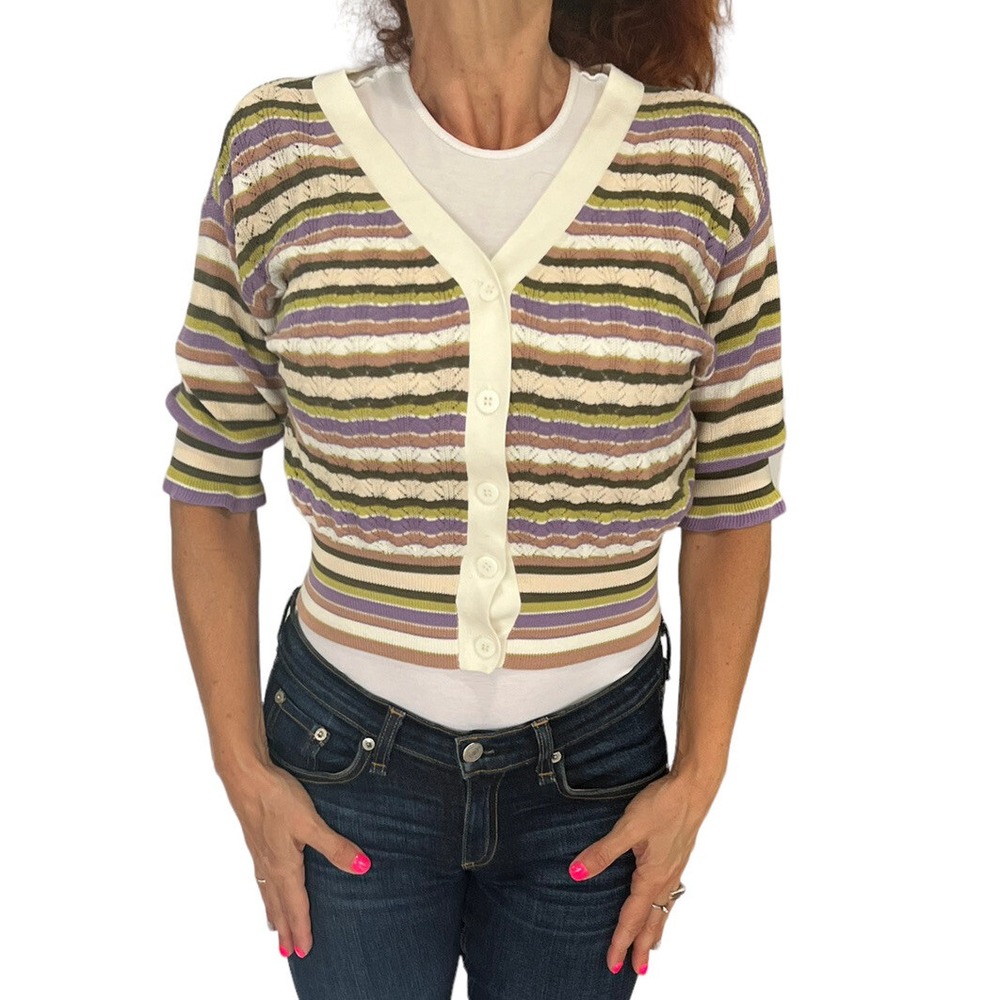 MARELLA CROPPED MULTI STRIPE POINTELLE CROP 3/4 SLEEVE V NECK CARDIGAN SWEATER S